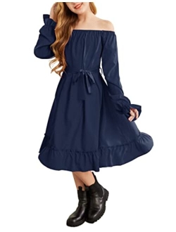 Girls Long Sleeve Dress Holiday Party Casual Ruffle Flowy Swing Midi Dresses 5-14 Years