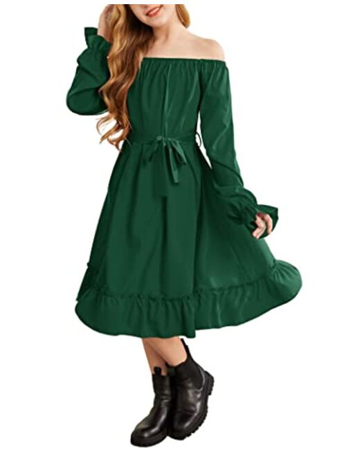 Arshiner Girls Long Sleeve Dress Holiday Party Casual Ruffle Flowy Swing Midi Dresses 5-14 Years