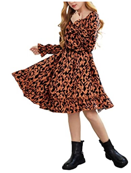 Arshiner Girls Long Sleeve Dress Holiday Party Casual Ruffle Flowy Swing Midi Dresses 5-14 Years