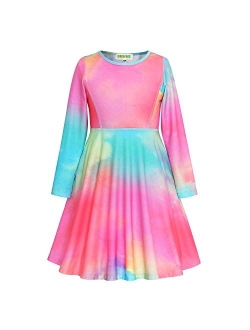 MODAFANS Girls Dress Long Sleeve Twirly Swing Party Casual Dress Tie Dye Mermaid Dress for Kids Toddler with Pockets