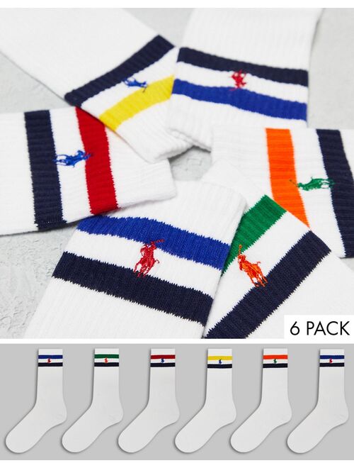 Polo Ralph Lauren 6-pack sport socks with pony logo in white with color stripe