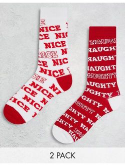 2 pack ankle socks with Christmas naughty and nice print