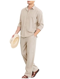 Men 2 Piece Linen Set Outfits Beach Button Up Matching Shirts and Pants Sets