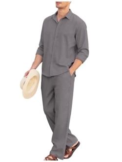 Men 2 Piece Linen Set Outfits Beach Button Up Matching Shirts and Pants Sets