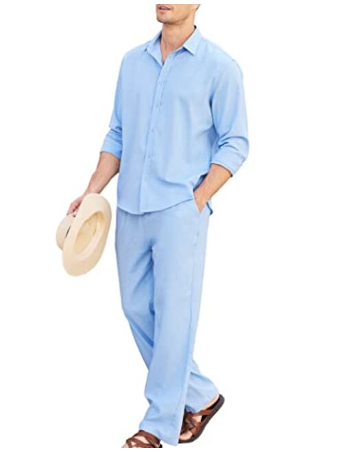 COOFANDY Men 2 Piece Linen Set Outfits Beach Button Up Matching Shirts and Pants Sets