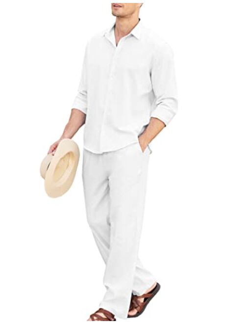 COOFANDY Men 2 Piece Linen Set Outfits Beach Button Up Matching Shirts and Pants Sets