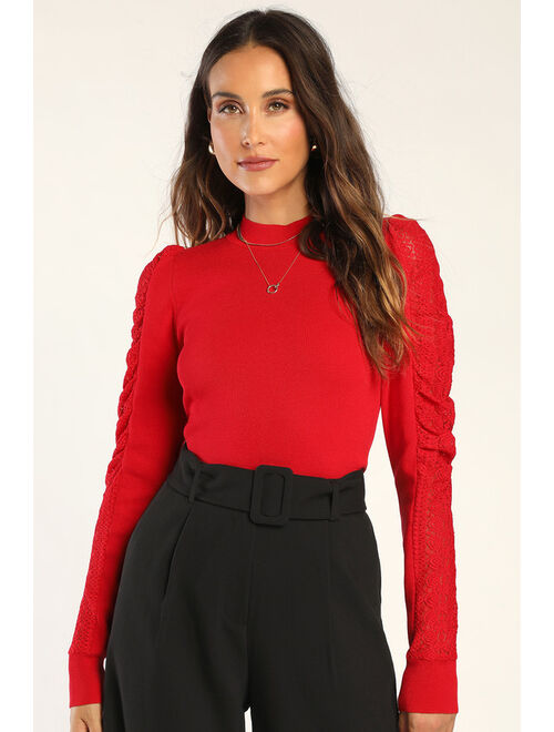 Lulus So Much to Say Red Lace Puff Shoulder Sweater Top