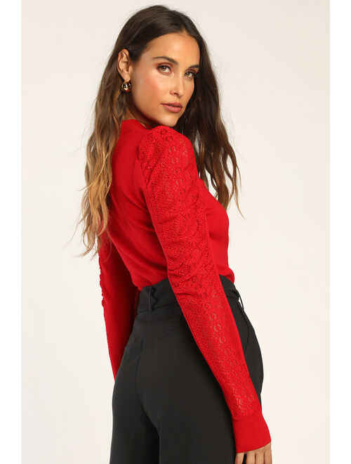 Lulus So Much to Say Red Lace Puff Shoulder Sweater Top