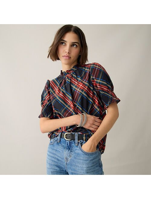 J.Crew Smocked puff-sleeve cotton poplin top in Stewart tartan