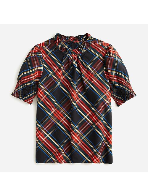 J.Crew Smocked puff-sleeve cotton poplin top in Stewart tartan