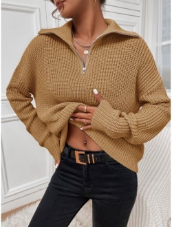 Ribbed Knit Half Zipper Drop Shoulder Sweater