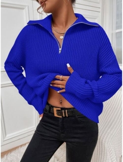 Ribbed Knit Half Zipper Drop Shoulder Sweater