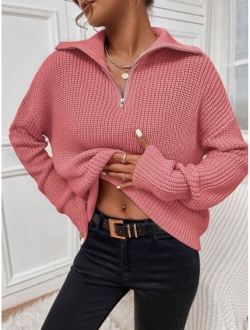 Ribbed Knit Half Zipper Drop Shoulder Sweater