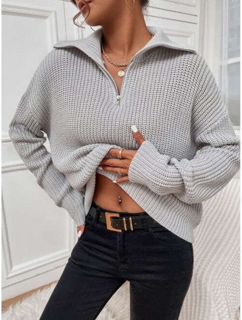 Shein Ribbed Knit Half Zipper Drop Shoulder Sweater