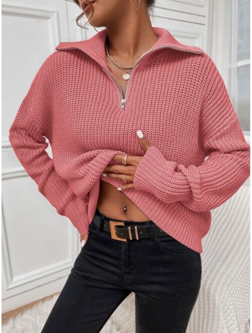 Shein Ribbed Knit Half Zipper Drop Shoulder Sweater