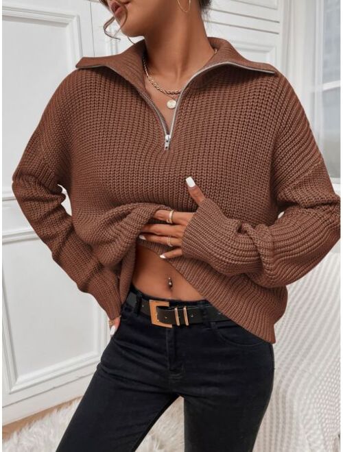 Shein Ribbed Knit Half Zipper Drop Shoulder Sweater