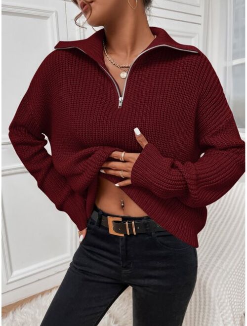 Shein Ribbed Knit Half Zipper Drop Shoulder Sweater