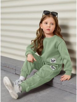 Toddler Girls Slogan Patched Detail Drop Shoulder Sweatshirt & Sweatpants