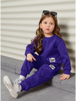 Toddler Girls Slogan Patched Detail Drop Shoulder Sweatshirt & Sweatpants