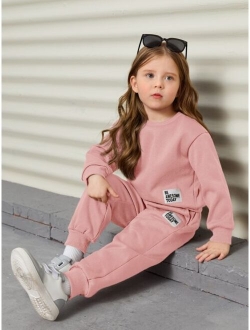 Toddler Girls Slogan Patched Detail Drop Shoulder Sweatshirt & Sweatpants