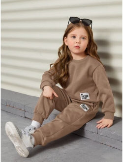 Toddler Girls Slogan Patched Detail Drop Shoulder Sweatshirt & Sweatpants