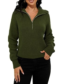 Women's Long Sleeve Half Zipper Sweaters Casual Solid V Neck Loose Ribbed Knit Pullover Tops