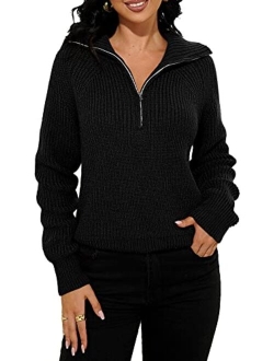 Women's Long Sleeve Half Zipper Sweaters Casual Solid V Neck Loose Ribbed Knit Pullover Tops