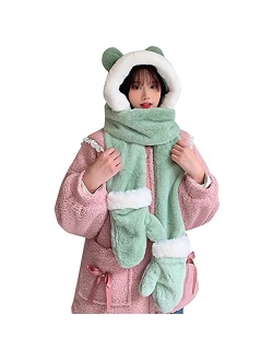 Generic Fashion Plush Hooded Scarf for Women Cute Scarves Winter Outdoor Warm Scarf with Gloves Cartoon Animal (Green, One Size)