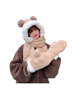 Generic Fashion Plush Hooded Scarf for Women Cute Scarves Winter Outdoor Warm Scarf with Gloves Cartoon Animal (Green, One Size)