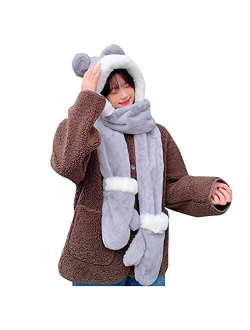 Generic Fashion Plush Hooded Scarf for Women Cute Scarves Winter Outdoor Warm Scarf with Gloves Cartoon Animal (Green, One Size)