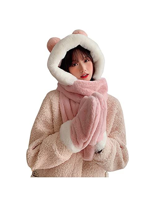 Generic Fashion Plush Hooded Scarf for Women Cute Scarves Winter Outdoor Warm Scarf with Gloves Cartoon Animal (Green, One Size)