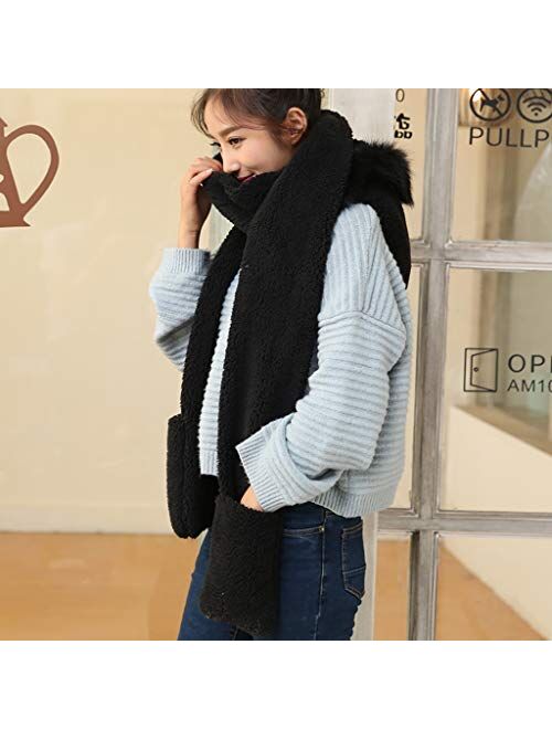 Generic Elegant Wraps Women Three in One Plush Thick Warm Hooded Cap Earflap Hat Long Scarf Gloves Set (1-Black, One Size)