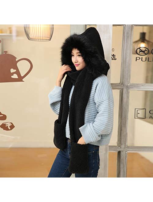 Generic Elegant Wraps Women Three in One Plush Thick Warm Hooded Cap Earflap Hat Long Scarf Gloves Set (1-Black, One Size)