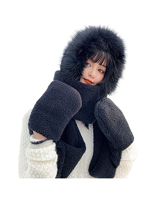 Generic Elegant Wraps Women Three in One Plush Thick Warm Hooded Cap Earflap Hat Long Scarf Gloves Set (1-Black, One Size)