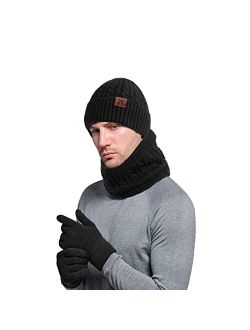 Urban Space 3PCS Men's Winter Warm Beanie Scarf Touch Screen Gloves Set Thickened Casual Skull Cap Mittens