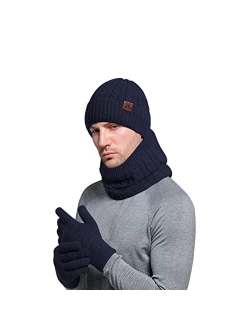 Urban Space 3PCS Men's Winter Warm Beanie Scarf Touch Screen Gloves Set Thickened Casual Skull Cap Mittens