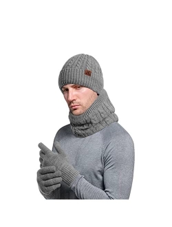 Urban Space 3PCS Men's Winter Warm Beanie Scarf Touch Screen Gloves Set Thickened Casual Skull Cap Mittens