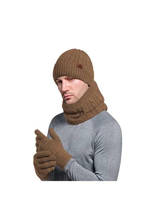 Urban Space 3PCS Men's Winter Warm Beanie Scarf Touch Screen Gloves Set Thickened Casual Skull Cap Mittens