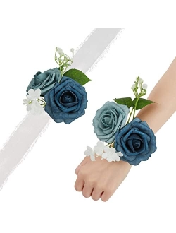 TINGE TIME Artificial Wrist Corsage for Prom, Set of 6, Burnt Orange Girl Bridesmaid Wrist Flowers with Ribbon for Wedding Ceremony Anniversary Bridal Shower and French R