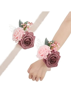 TINGE TIME Artificial Wrist Corsage for Prom, Set of 6, Burnt Orange Girl Bridesmaid Wrist Flowers with Ribbon for Wedding Ceremony Anniversary Bridal Shower and French R