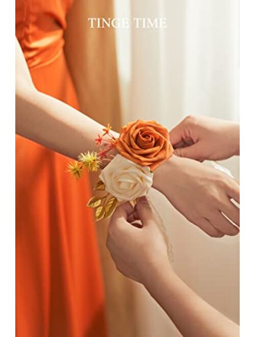 TINGE TIME Artificial Wrist Corsage for Prom, Set of 6, Burnt Orange Girl Bridesmaid Wrist Flowers with Ribbon for Wedding Ceremony Anniversary Bridal Shower and French R