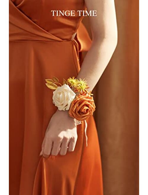 TINGE TIME Artificial Wrist Corsage for Prom, Set of 6, Burnt Orange Girl Bridesmaid Wrist Flowers with Ribbon for Wedding Ceremony Anniversary Bridal Shower and French R