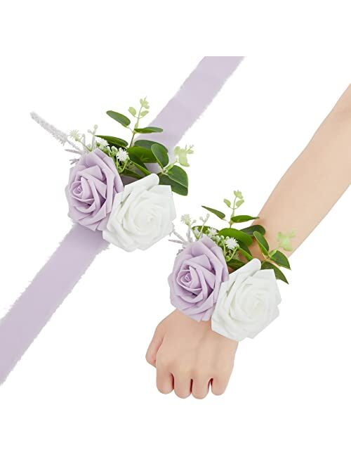 TINGE TIME Artificial Wrist Corsage for Prom, Set of 6, Burnt Orange Girl Bridesmaid Wrist Flowers with Ribbon for Wedding Ceremony Anniversary Bridal Shower and French R