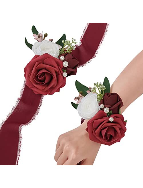 TINGE TIME Artificial Wrist Corsage for Prom, Set of 6, Burnt Orange Girl Bridesmaid Wrist Flowers with Ribbon for Wedding Ceremony Anniversary Bridal Shower and French R