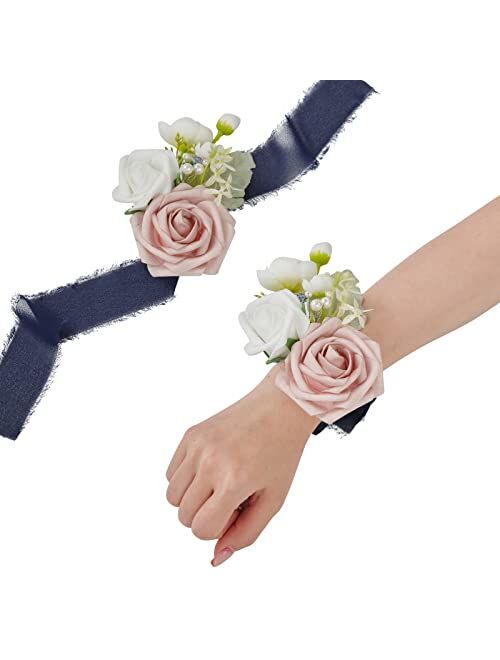 TINGE TIME Artificial Wrist Corsage for Prom, Set of 6, Burnt Orange Girl Bridesmaid Wrist Flowers with Ribbon for Wedding Ceremony Anniversary Bridal Shower and French R