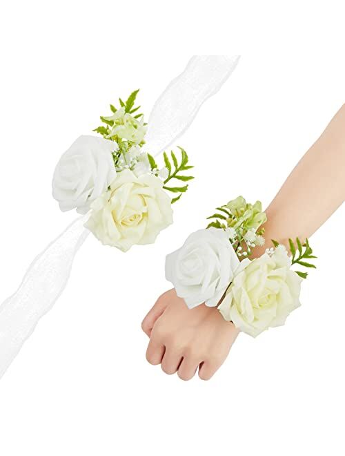 TINGE TIME Artificial Wrist Corsage for Prom, Set of 6, Burnt Orange Girl Bridesmaid Wrist Flowers with Ribbon for Wedding Ceremony Anniversary Bridal Shower and French R