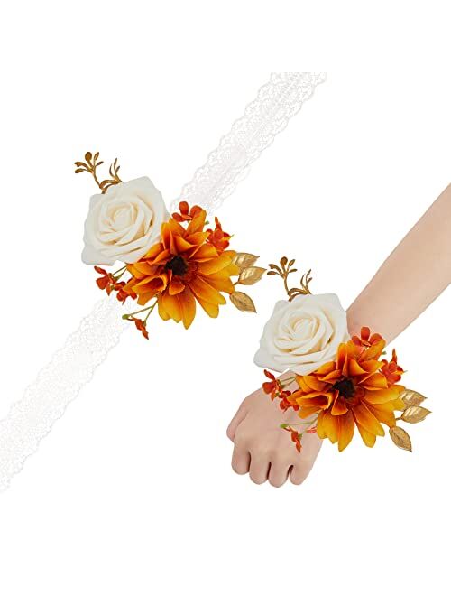 TINGE TIME Artificial Wrist Corsage for Prom, Set of 6, Burnt Orange Girl Bridesmaid Wrist Flowers with Ribbon for Wedding Ceremony Anniversary Bridal Shower and French R