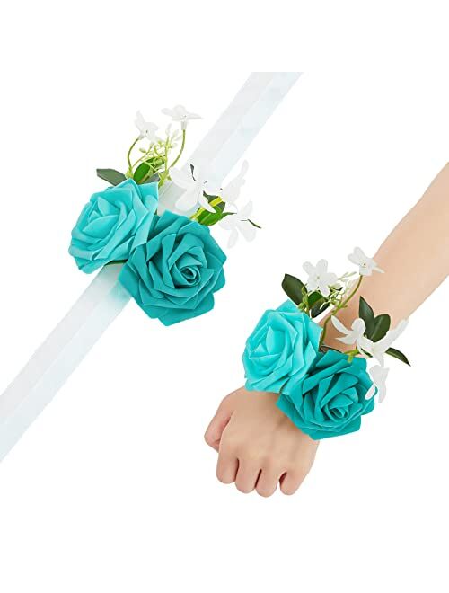 TINGE TIME Artificial Wrist Corsage for Prom, Set of 6, Burnt Orange Girl Bridesmaid Wrist Flowers with Ribbon for Wedding Ceremony Anniversary Bridal Shower and French R