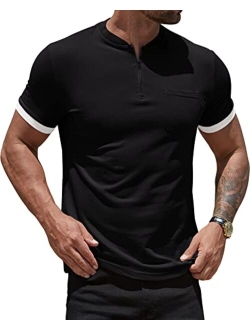 NITAGUT Men's Slim Fit Shirt Short Sleeve Collarless Quarter Zip Cotton Polo Shirt