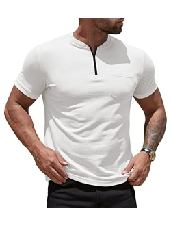 NITAGUT Men's Slim Fit Shirt Short Sleeve Collarless Quarter Zip Cotton Polo Shirt